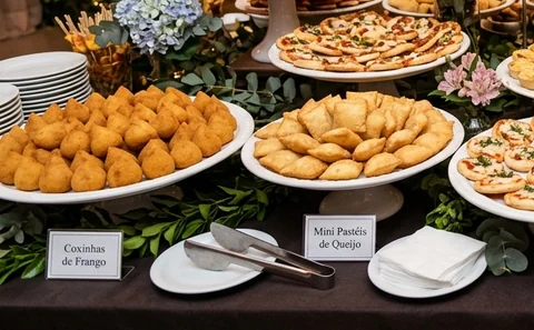Salgados gourmet artesanais servidos quentinhos