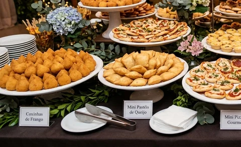 Salgados finos e canapés circulando na recepção do casamento