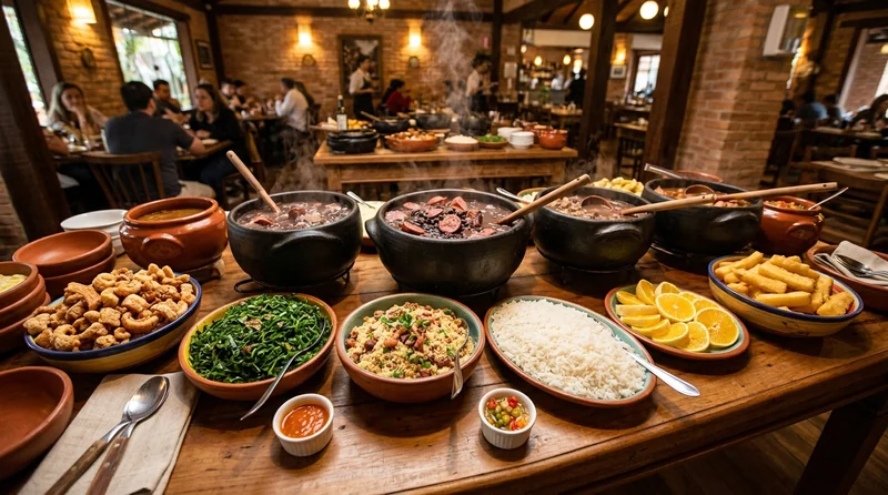 Feijoada completa servida em panelas de barro com acompanhamentos