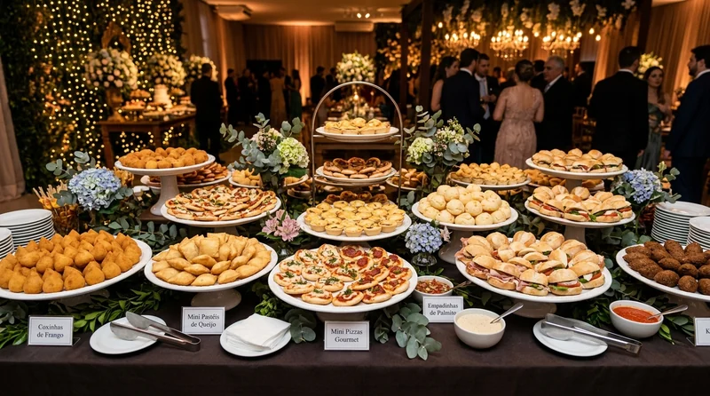 Bandeja de salgados e mini pizzas artesanais