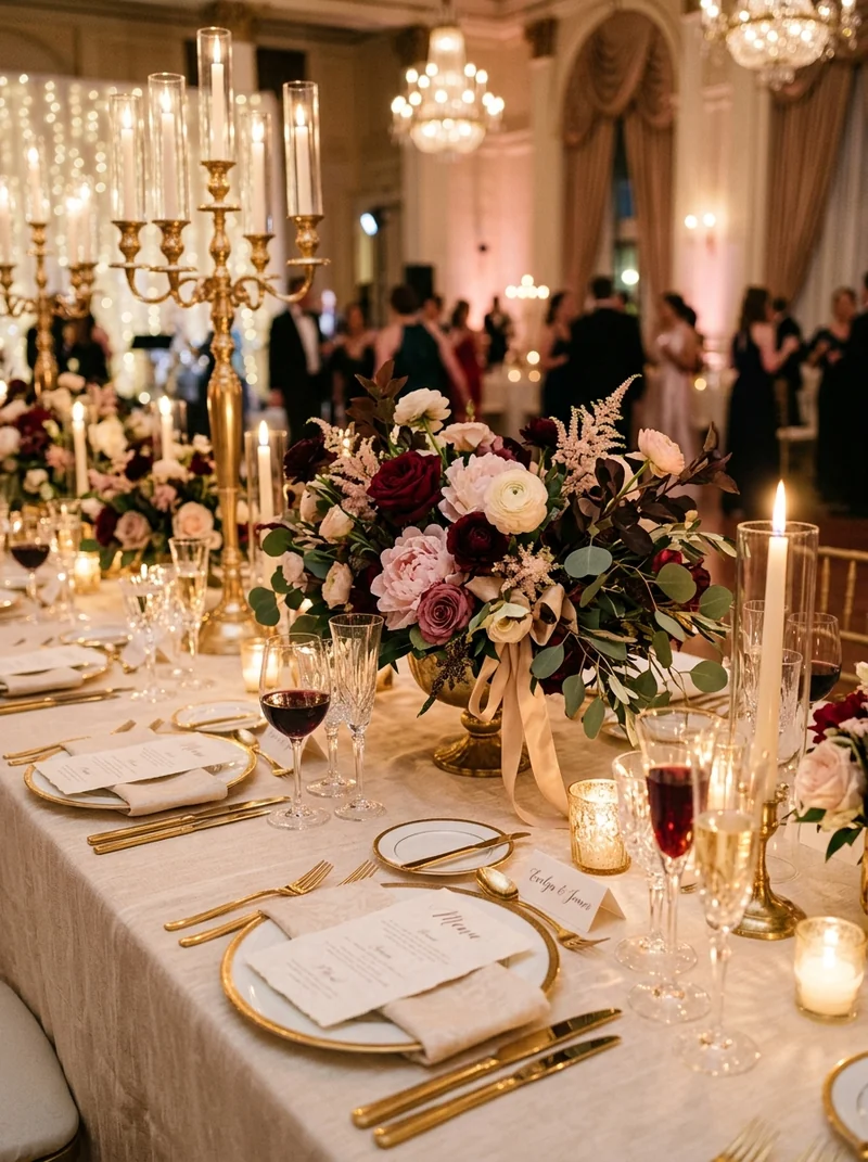Mesa de banquete e casamento posta com taças e arranjos florais em tons de vinho