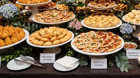 Buffet de 15 anos com salgados quentes e doces finos